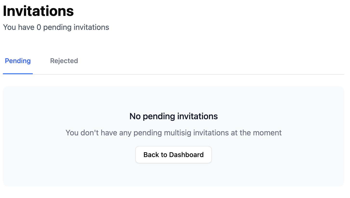 Screenshot showing multisig invitations tab. Sagat multisig invitations
